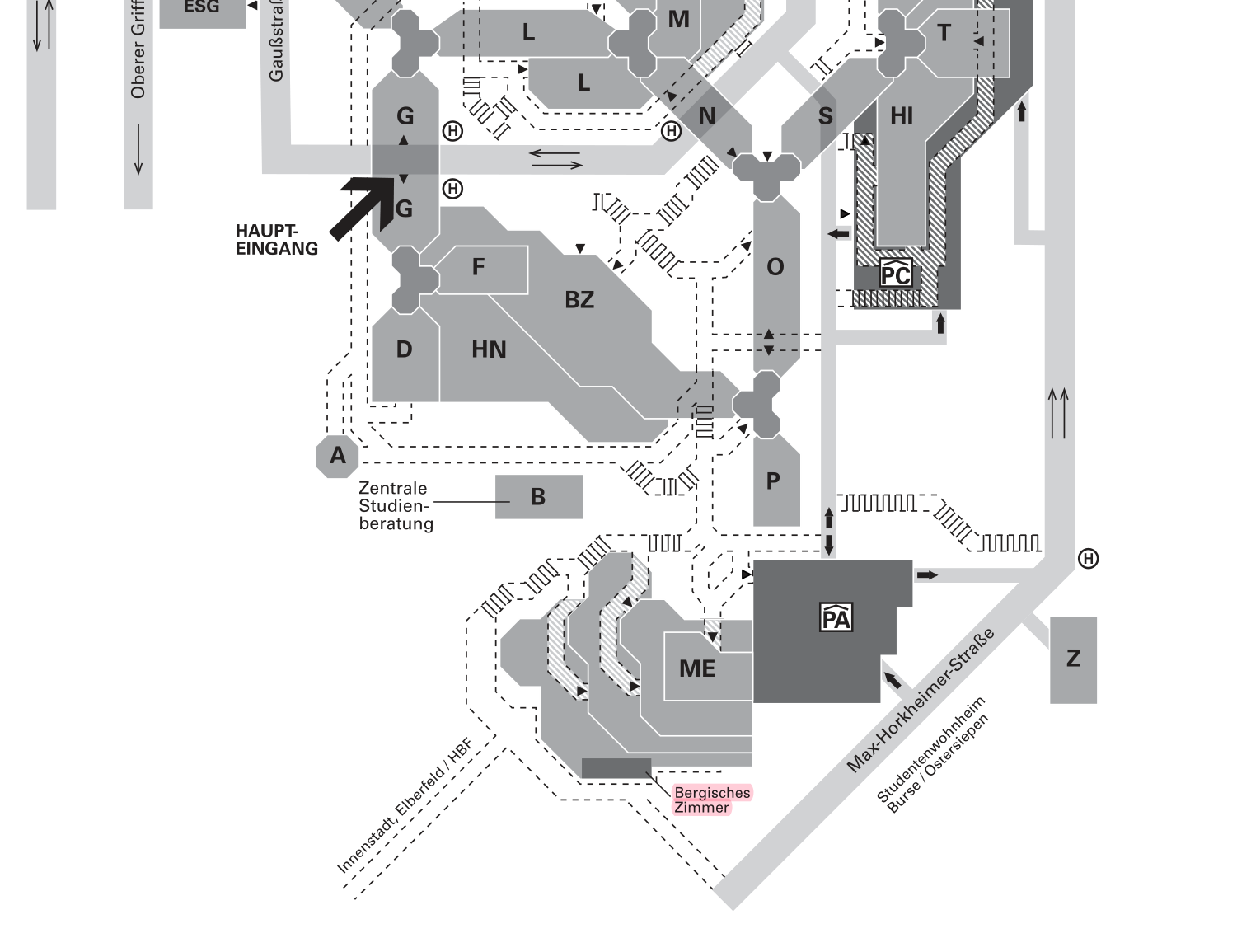 Kartenausschnitt des Campus Grifflenberg vom Haupteingang an der Gaußstraße bis zum Gebäude ME an der Max-Horkheimer-Straße. Das Bergische Zimmer im Gebäude ME ist rosa hervorgehoben.